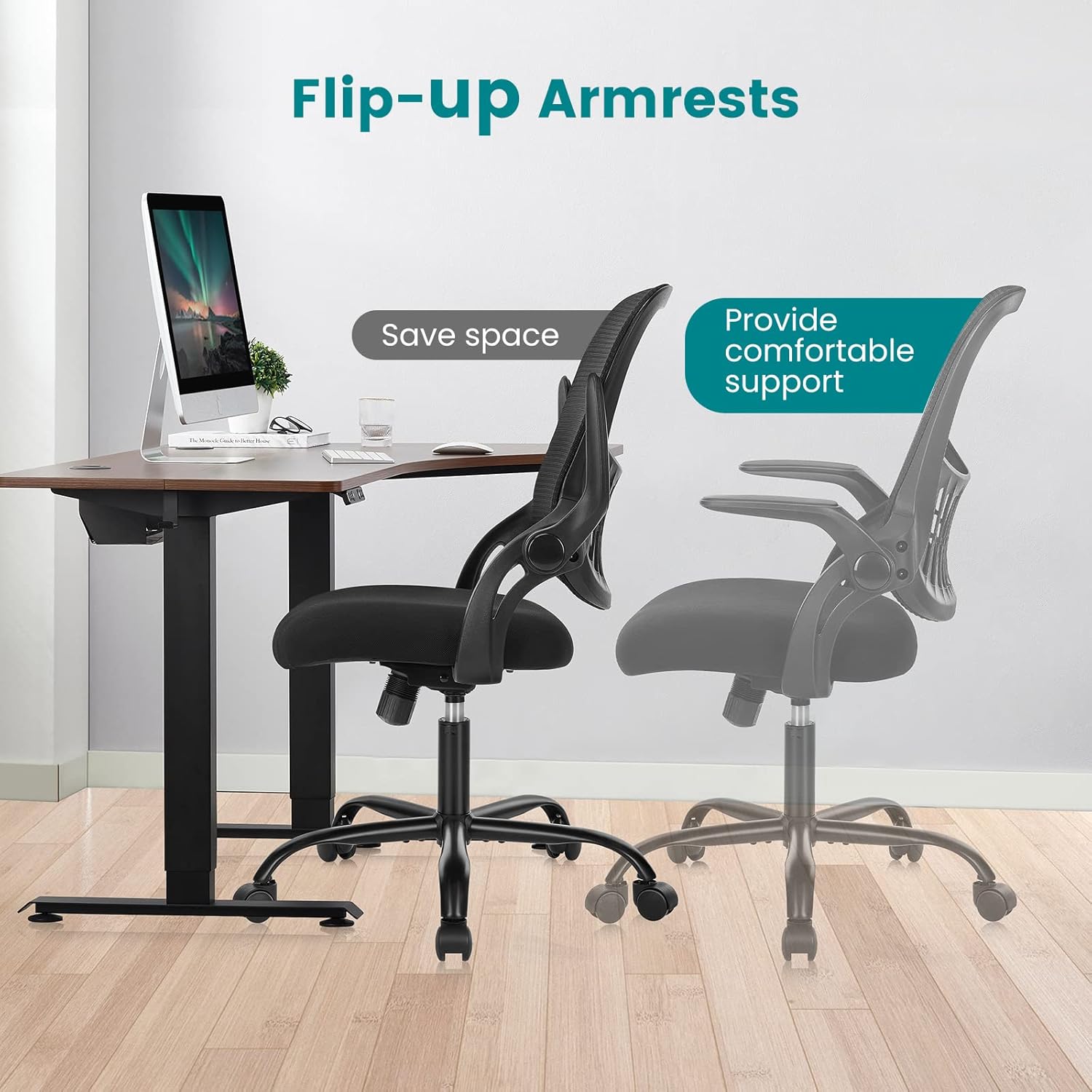 Smug Home Office Desk Chair - Ergonomic Mid-Back Computer Task Chair with Comfy Lumbar Support, Mesh Rolling and 360° Swivel, Flip-up Armrest for Home, Bedroom, Gaming, Study, Student, Black